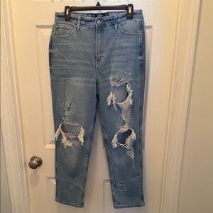 Hollister Light Blue Distressed ultra high rise mom Jeans